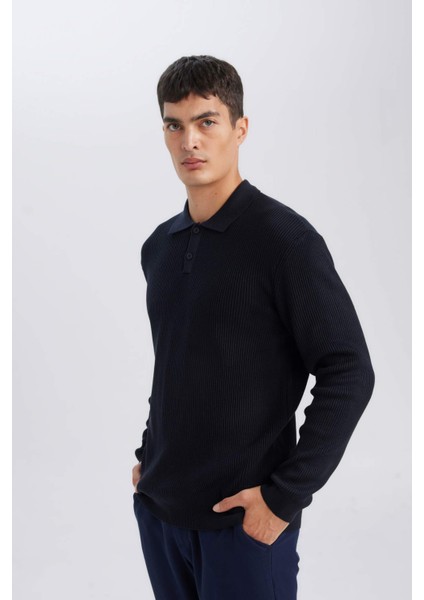 Lacivert Standart Fit Polo Yaka Düğmeli Triko Kazak D1959AX24AU modelleri