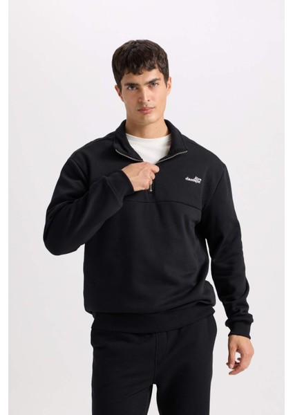 Relax Fit Fermuarlı Dik Yaka Baskılı Kalın Sweatshirt D2164AX24AU