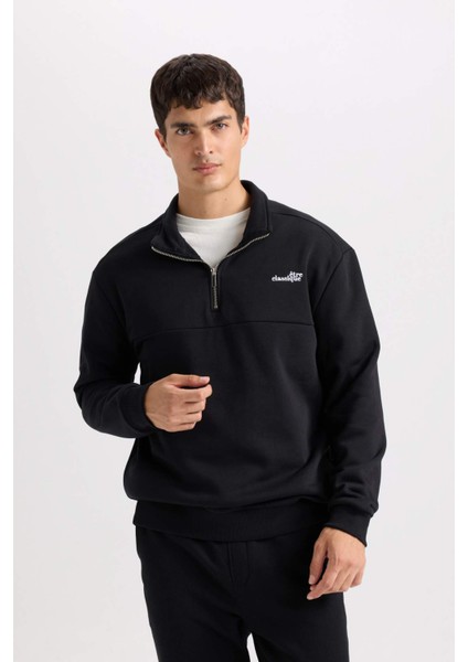 Relax Fit Fermuarlı Dik Yaka Baskılı Kalın Sweatshirt D2164AX24AU