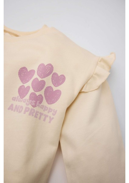 Kız Bebek 2'li Takım Kalp Desenli Bisiklet Yaka Sweatshirt Üst Beli Lastikli İspanyol Paça Tayt D2860A524AU