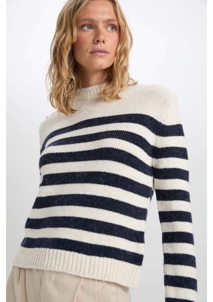 Regular Fit Yumuşak Dokulu Bisiklet Yaka Düğmeli Çizgili Triko Kazak C9055AX24WN fırsatları