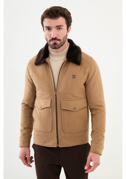 Desenli Kamel Slim Fit Torba Cep Kürklü Yaka Yün Erkek Mont modelleri