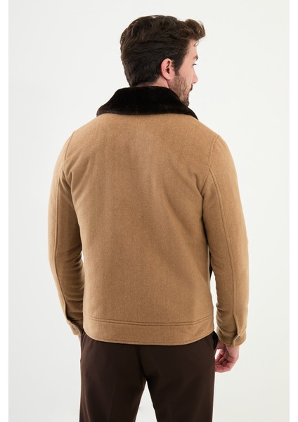 Desenli Kamel Slim Fit Torba Cep Kürklü Yaka Yün Erkek Mont fırsatları