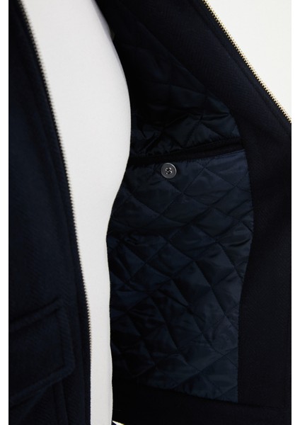 Desenli Lacivert Slim Fit Torba Cep Kürklü Yaka Yün Erkek Mont indirimleri