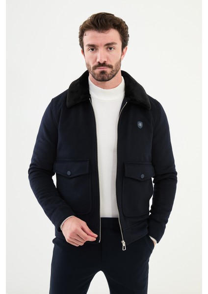 Desenli Lacivert Slim Fit Torba Cep Kürklü Yaka Yün Erkek Mont