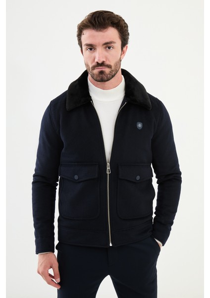 Desenli Lacivert Slim Fit Torba Cep Kürklü Yaka Yün Erkek Mont modelleri