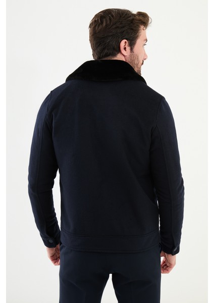 Desenli Lacivert Slim Fit Torba Cep Kürklü Yaka Yün Erkek Mont fırsatları