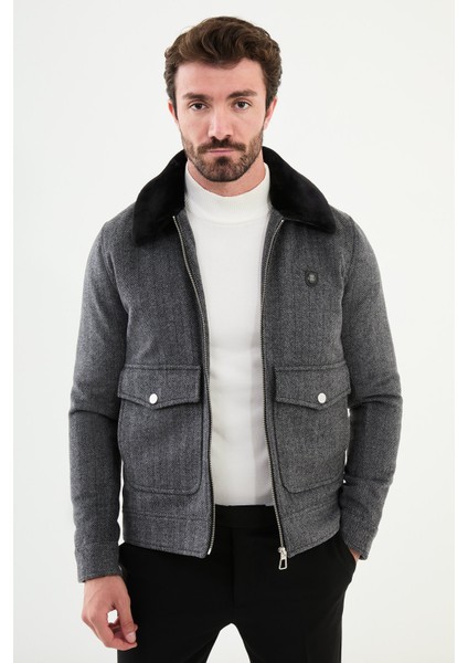 Desenli Gri Slim Fit Torba Cep Kürklü Yaka Yün Erkek Mont
