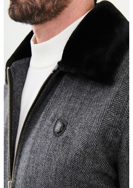 Desenli Gri Slim Fit Torba Cep Kürklü Yaka Yün Erkek Mont fiyatları