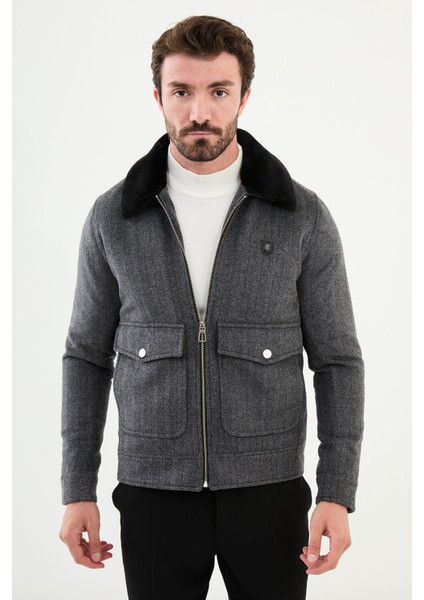 Desenli Gri Slim Fit Torba Cep Kürklü Yaka Yün Erkek Mont modelleri