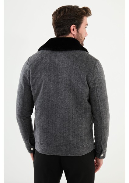 Desenli Gri Slim Fit Torba Cep Kürklü Yaka Yün Erkek Mont fırsatları