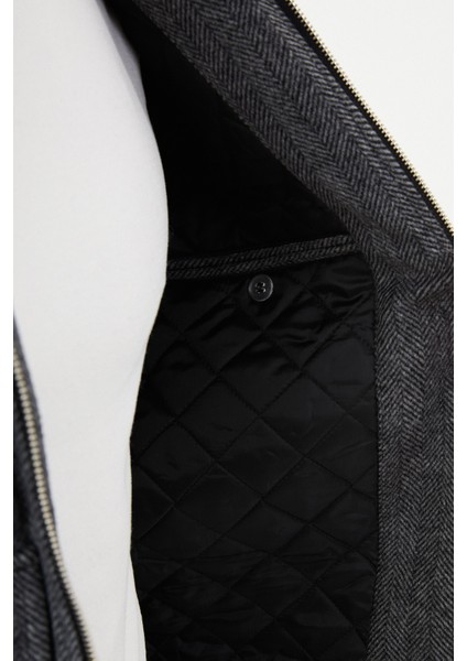 Desenli Gri Slim Fit Torba Cep Kürklü Yaka Yün Erkek Mont indirimleri