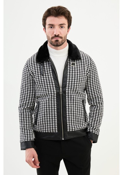 Desenli Siyah Slim Fit Kürklü Yaka Erkek Mont