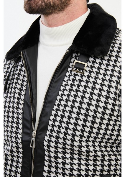 Desenli Siyah Slim Fit Kürklü Yaka Erkek Mont fiyatları