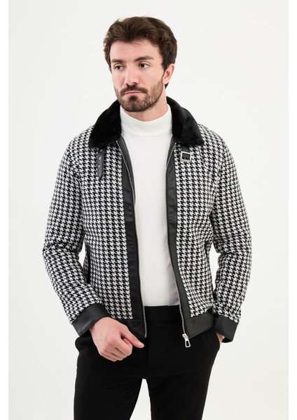 Desenli Siyah Slim Fit Kürklü Yaka Erkek Mont modelleri