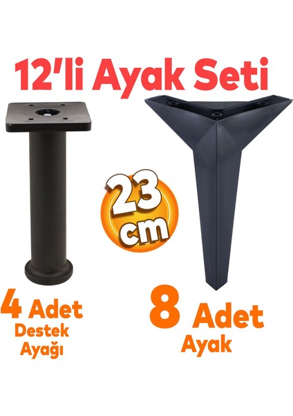 Kale Mobilya Ayağı 12'li Set Robot Süpürge İçin Koltuk Kanepe Sehpa Destek 23 cm Siyah Baza Ayak