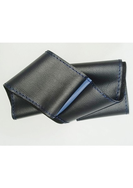 Dikişli Deri Direksiyon Kılıfı Damarlı Deri Mavi Yüzük Mavi Dikiş