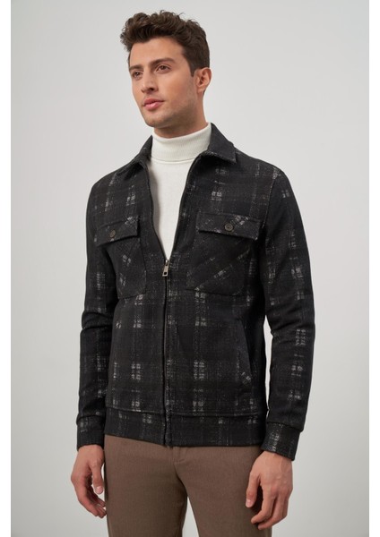 Siyah Örme Bebe Yaka Kendinden Desenli Yırtmaçsız Astarsız Slim Fit Classic Mont 1007245157