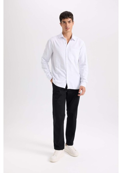 Beyaz Regular Fit Pamuklu Basic Düz Keten Görünümlü Uzun Kollu Gömlek D7079AX24SP