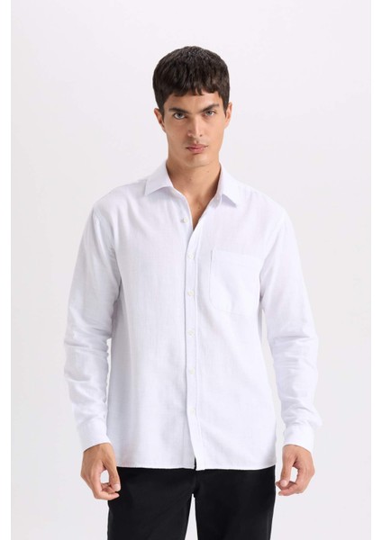 Beyaz Regular Fit Pamuklu Basic Düz Keten Görünümlü Uzun Kollu Gömlek D7079AX24SP