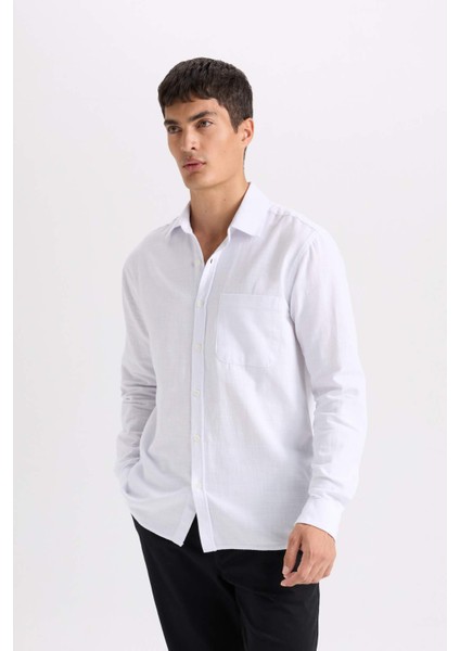 Beyaz Regular Fit Pamuklu Basic Düz Keten Görünümlü Uzun Kollu Gömlek D7079AX24SP