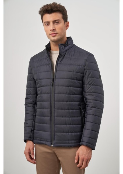 Koyu Lacivert Kapitone Hakim Yaka Düz Yırtmaçsız Tam Astar Slim Fit Classic Mont 1007245155