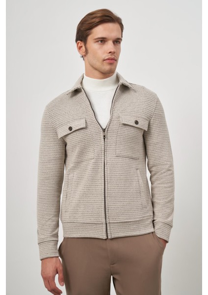 Bej Örme Bebe Yaka Kendinden Desenli Yırtmaçsız Astarsız Slim Fit Classic Mont 1007245158