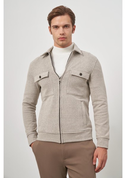 Bej Örme Bebe Yaka Kendinden Desenli Yırtmaçsız Astarsız Slim Fit Classic Mont 1007245158