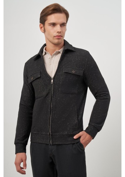 Siyah Örme Bebe Yaka Kendinden Desenli Yırtmaçsız Astarsız Slim Fit Classic Mont 1007245156