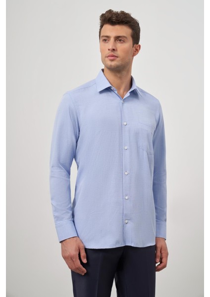 Mavi Uzun Kol Kendinden Desenli Armürlü 041 Sert Yaka Classic Comfort Fit Gömlek 1004245157