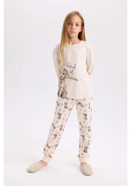 Kız Çocuk Pijama Takımı Köpek Baskılı Uzun Kollu Üst Uzun Alt D8195A8NS