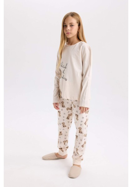 Kız Çocuk Pijama Takımı Köpek Baskılı Uzun Kollu Üst Uzun Alt D8195A8NS