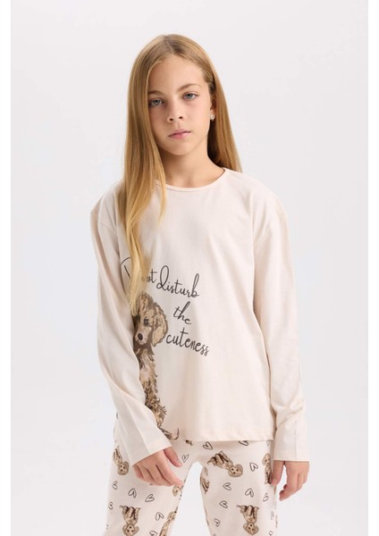 Kız Çocuk Pijama Takımı Köpek Baskılı Uzun Kollu Üst Uzun Alt D8195A8NS