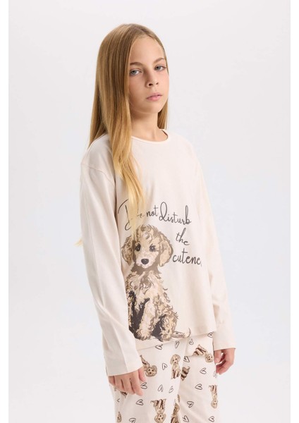 Kız Çocuk Pijama Takımı Köpek Baskılı Uzun Kollu Üst Uzun Alt D8195A8NS