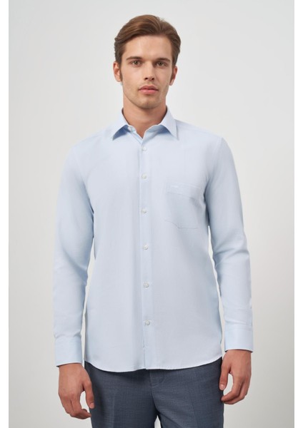 Koyu Mavi Uzun Kol Kendinden Desenli Armürlü 041 Sert Yaka Classic Comfort Fit Gömlek 1004245154 indirimleri