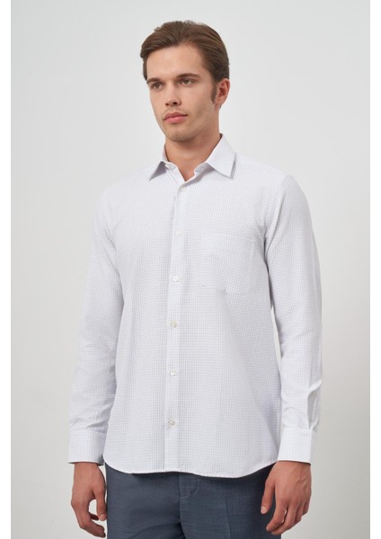 Beyaz Uzun Kol Kareli Desen Bez Ayağı Sert Yaka Cepli Pamuklu Classic Comfort Fit Gömlek 1004245163 modelleri