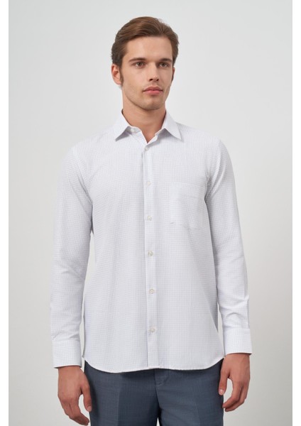 Beyaz Uzun Kol Kareli Desen Bez Ayağı Sert Yaka Cepli Pamuklu Classic Comfort Fit Gömlek 1004245163 fırsatları