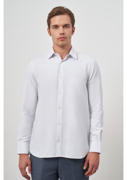 Beyaz Uzun Kol Kareli Desen Bez Ayağı Sert Yaka Cepli Pamuklu Classic Comfort Fit Gömlek 1004245163 indirimleri