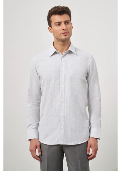 Beyaz Uzun Kol Kareli Desen Bez Ayağı Sert Yaka Cepli Pamuklu Classic Comfort Fit Gömlek 1004245159