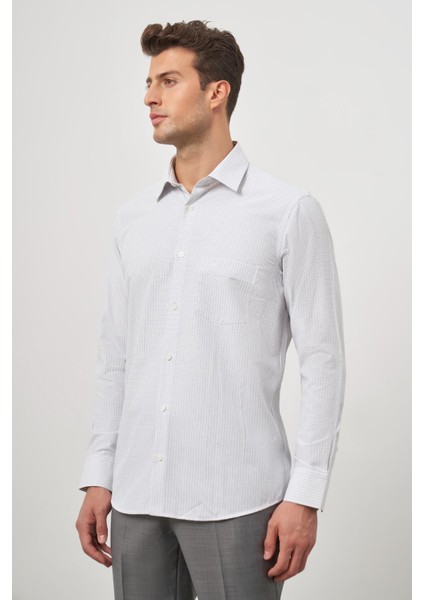 Beyaz Uzun Kol Kareli Desen Bez Ayağı Sert Yaka Cepli Pamuklu Classic Comfort Fit Gömlek 1004245159 modelleri