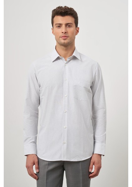 Beyaz Uzun Kol Kareli Desen Bez Ayağı Sert Yaka Cepli Pamuklu Classic Comfort Fit Gömlek 1004245159 indirimleri