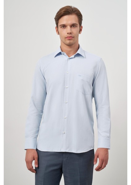 Koyu Mavi Uzun Kol Kendinden Desenli Armürlü 041 Sert Yaka Classic Comfort Fit Gömlek 1004245157