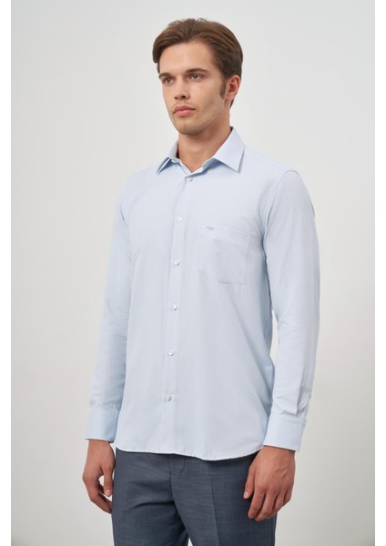 Koyu Mavi Uzun Kol Kendinden Desenli Armürlü 041 Sert Yaka Classic Comfort Fit Gömlek 1004245157 modelleri