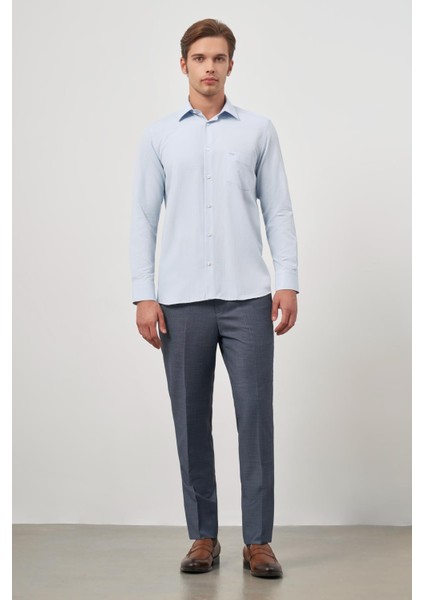 Koyu Mavi Uzun Kol Kendinden Desenli Armürlü 041 Sert Yaka Classic Comfort Fit Gömlek 1004245157 fırsatları