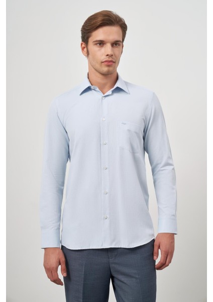 Koyu Mavi Uzun Kol Kendinden Desenli Armürlü 041 Sert Yaka Classic Comfort Fit Gömlek 1004245157 indirimleri