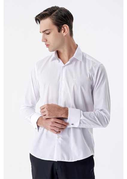 Beyaz Uzun Kol Düz Bez Ayağı Sert Yaka Cepsiz Pamuklu Basic Slim Fit Gömlek 1004245059