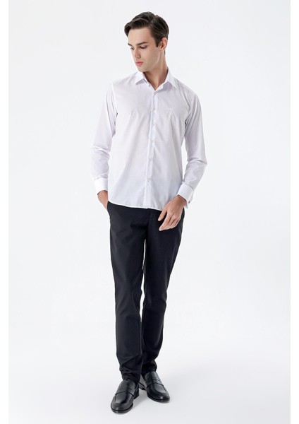 Beyaz Uzun Kol Düz Bez Ayağı Sert Yaka Cepsiz Pamuklu Basic Slim Fit Gömlek 1004245059