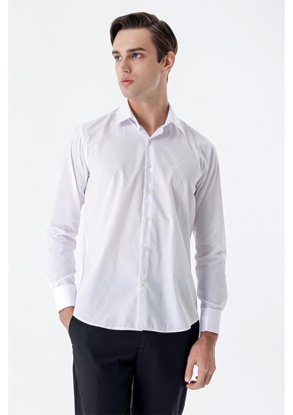 Beyaz Uzun Kol Düz Bez Ayağı Sert Yaka Cepsiz Pamuklu Basic Slim Fit Gömlek 1004245059