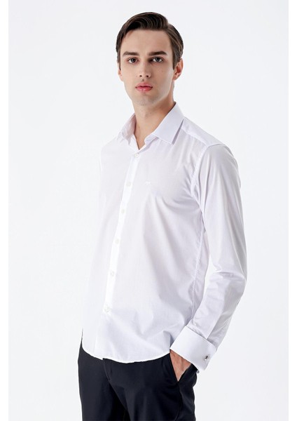 Beyaz Uzun Kol Düz Bez Ayağı Sert Yaka Cepsiz Pamuklu Basic Slim Fit Gömlek 1004245059