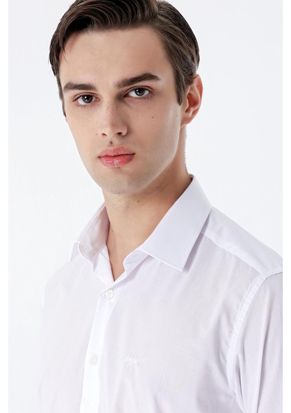 Beyaz Uzun Kol Düz Bez Ayağı Sert Yaka Cepsiz Pamuklu Basic Slim Fit Gömlek 1004245059